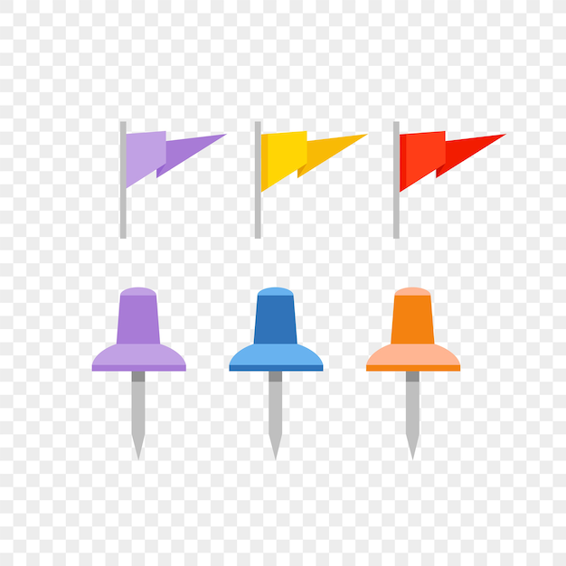 Navigation pins and flags isolated on transparent background