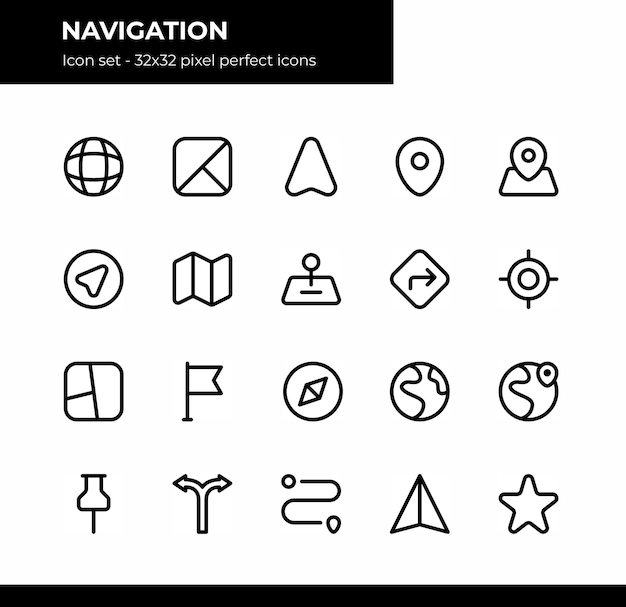 Vector navigation related icons set simple line icons and editable stroke in 32 x 32 pixel perfect