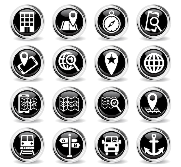 Navigation transport map icons on round black buttons with metal ring
