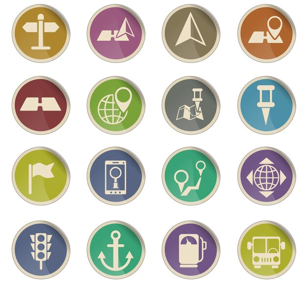 navigation vector icons in the form of round paper labels