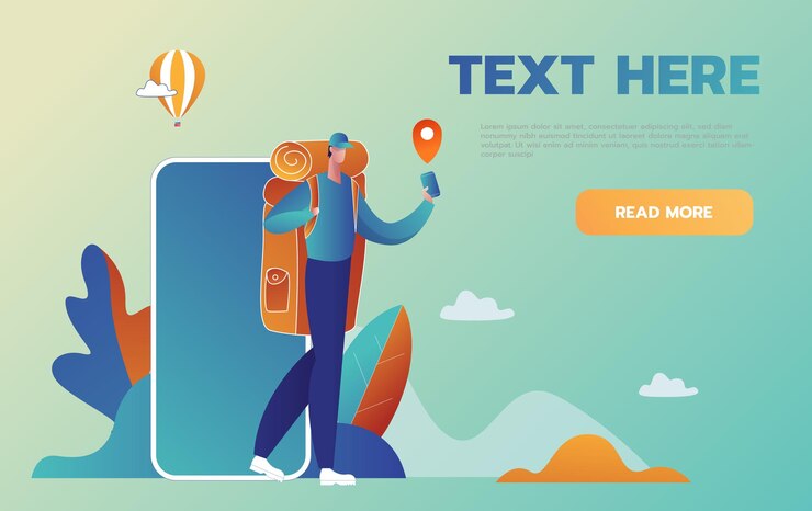 Vector navigation on your smartphone. tourist man is guided in an unfamiliar place with help phone. cartoon style