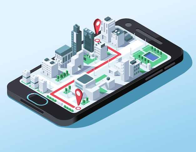 Navigator service application 3d city map with isometric business center buildings Taxi service digital technology Location street point red line route on screen smart phone Vector illustration