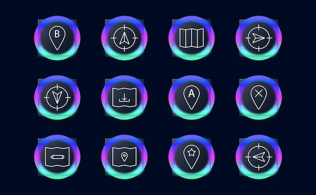 navigator set icon b location pointer mark pointer tip map cross a up down left right asterisk pencil mark map chart glassmorphism orientation in space concept