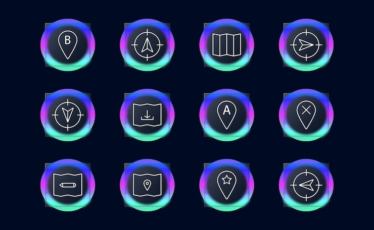 Vector navigator set icon b location pointer mark pointer tip map cross a up down left right asterisk pencil mark map chart glassmorphism orientation in space concept
