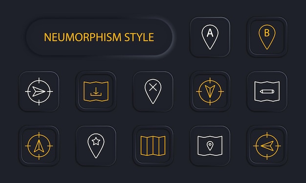 navigator set icon b location pointer mark pointer tip map cross a up down left right asterisk pencil mark map chart neomorphism orientation in space concept