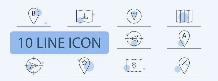 Vector navigator set icon b location pointer mark pointer tip map cross a up down left right asterisk pencil mark map chart orientation in space concept