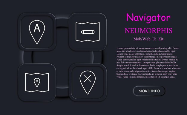 navigator set icon b location pointer mark pointer tip map cross a up down left right asterisk pencil mark map neomorphism chart orientation in space concept