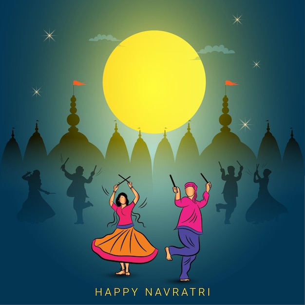 Navratri banner with couple dancing dandiya with moon light and Hindu temple landscape