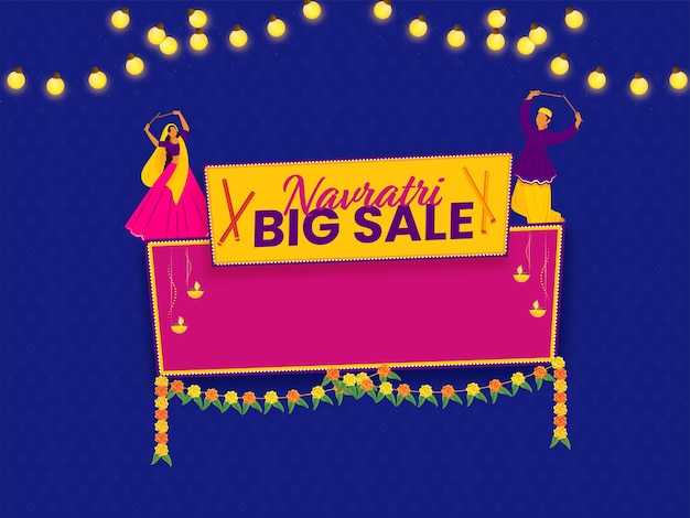 Navratri big sale poster design with indian couple holding dandiya sticks toran and lighting garland decorated on blue background