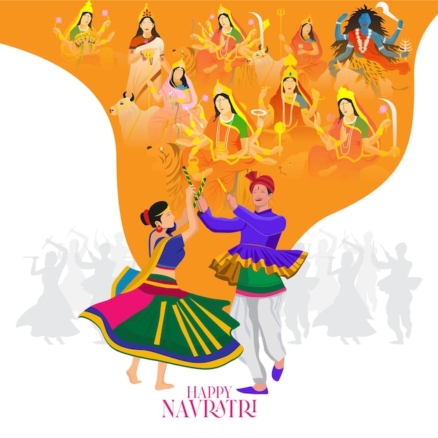 Vector navratri couple playing garba goddess