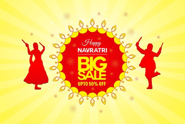 Vector navratri festival celebration banner, big sale logo design with illustration of women and man.