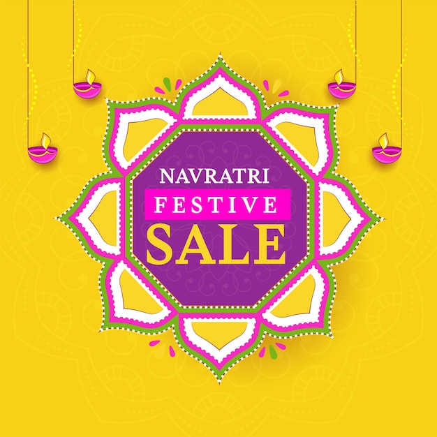 Navratri festival sale poster design with mandala frame and lit oil lamps diya decorated on yellow background