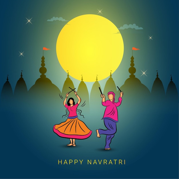 Navratri-groetontwerp met paar dansende garba en dandiya