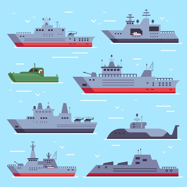 Vector navy battle ships, sea combat security boat and battleship weapon set