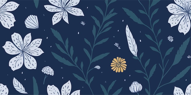 A navy blue background with white flowers and yellow flowers