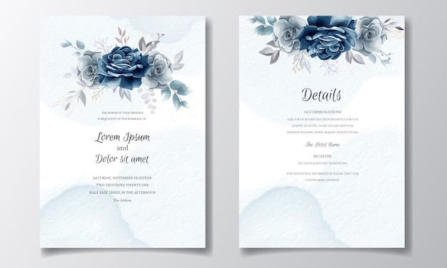 Navy blue floral wedding invitation card template with golden leaves and watercolor