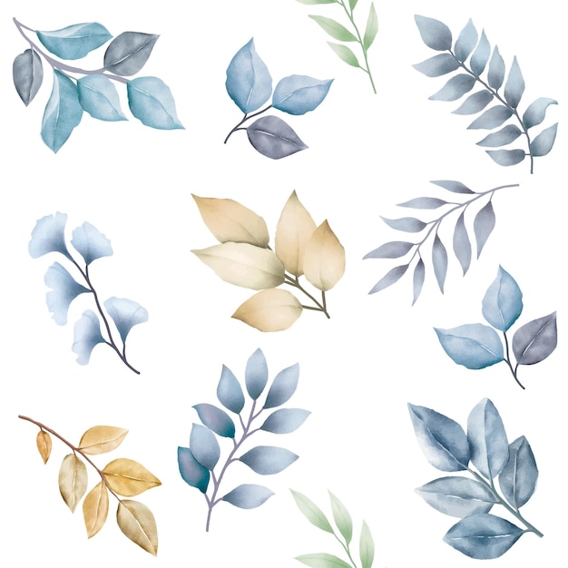 Vector navy blue leaves and gold seamless pattern watercolor
