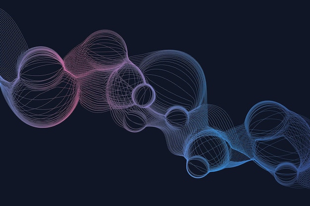 네이비 블루 네온 및 퍼플 그라데이션 와이어프레임 모션 버블 입자를 미래 지향적인 스타일로