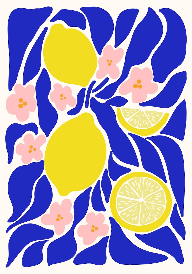 Vector navy blue and pink floral lemon illustration