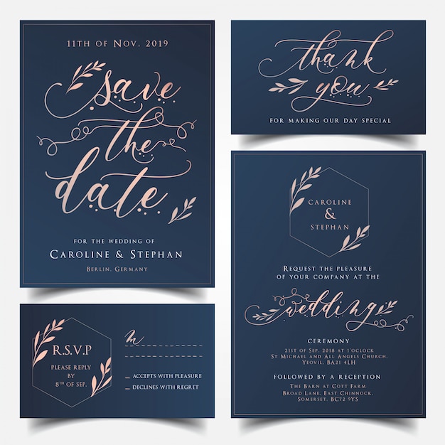 Navy blue and rose gold wedding invitation card, save the date card, thank you card and rs