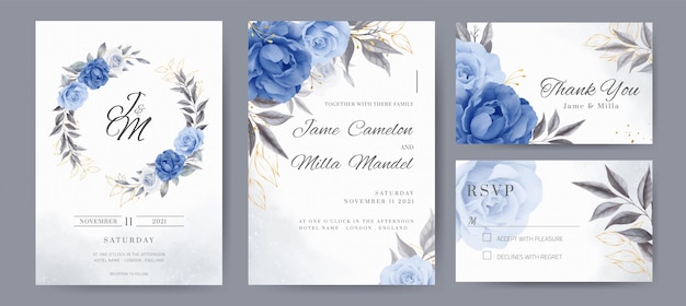 Navy blue rose and peony wedding invitation cards with golden flowers. template set card.