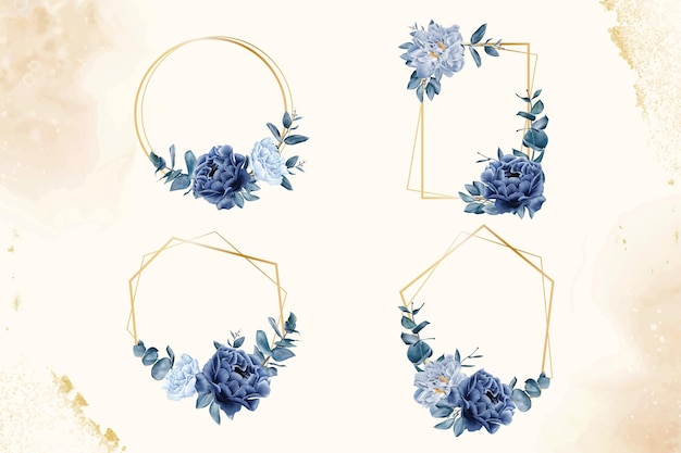 네이비 블루 수채화 웨딩 꽃 프레임 다목적 템플릿 디자인 컬렉션