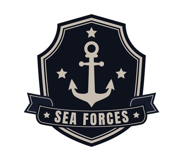 Vector navy embleem met anker en sterren op donker schild militair badge ontwerp met lint en tekst zee-troepen naval insignia en maritieme thema vector illustratie