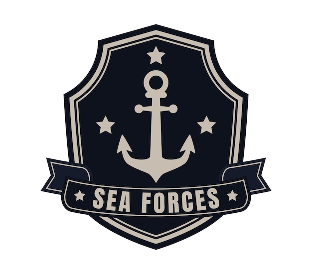海軍のエンブレム - 暗いシールドにアンカーと星 - リボンとテキストの軍事バッジデザイン - 海軍の紋章と海事テーマのベクトルイラスト