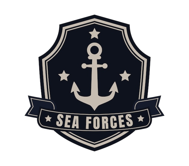 Navy emblem with anchor and stars on dark shield military badge design with ribbon and text sea forces naval insignia and maritime theme vector illustration