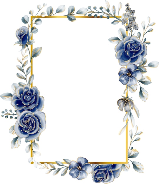 Vector navy rose adorned golden glitter flower frame border