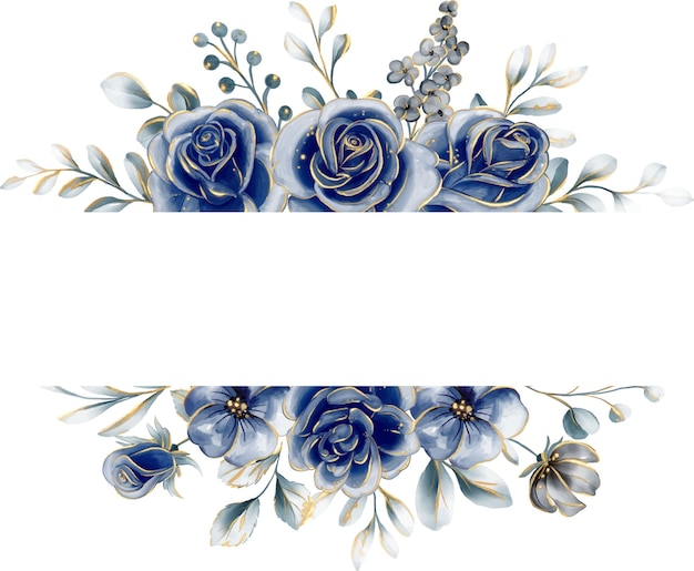 Bordo della cornice floreale con glitter dorati decorati con rose blu scuro