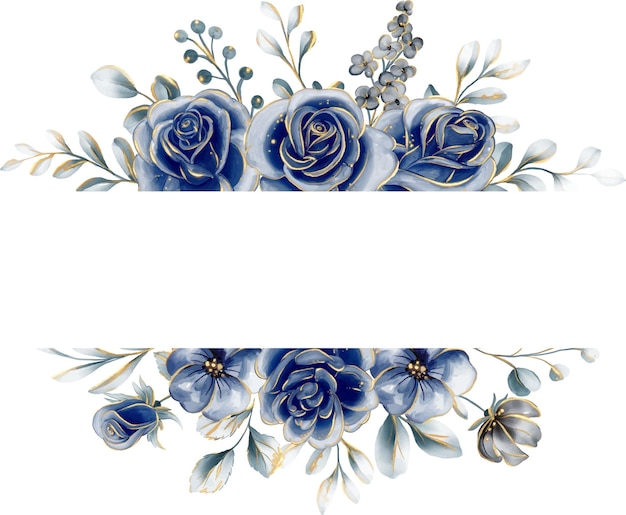 Navy Rose Adorned Golden Glitter Flower Frame Border