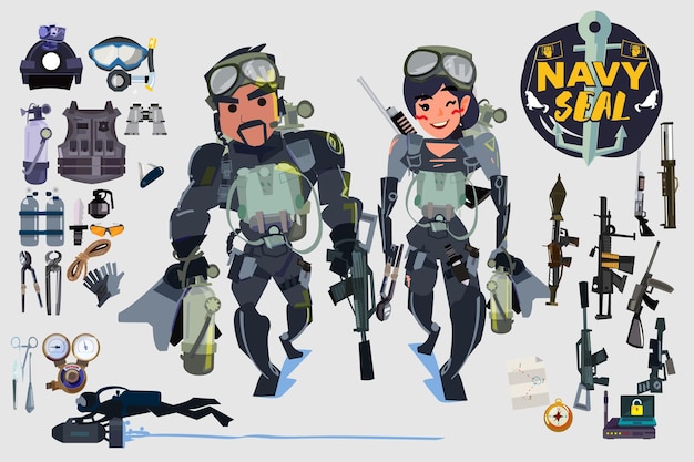 Navy seal soldato scuba con arma e set di strumenti - illustrazione vettoriale