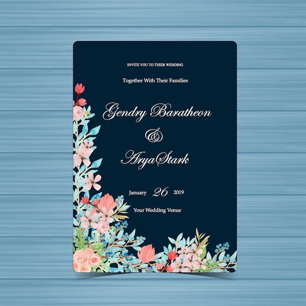 Navy Wedding Invitation with Beautiful Flower
