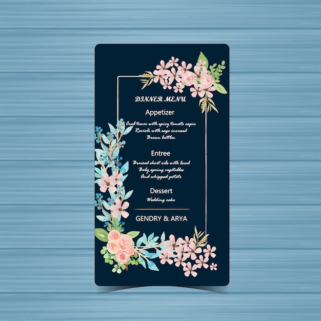 Navy wedding menu card with beautiful flower