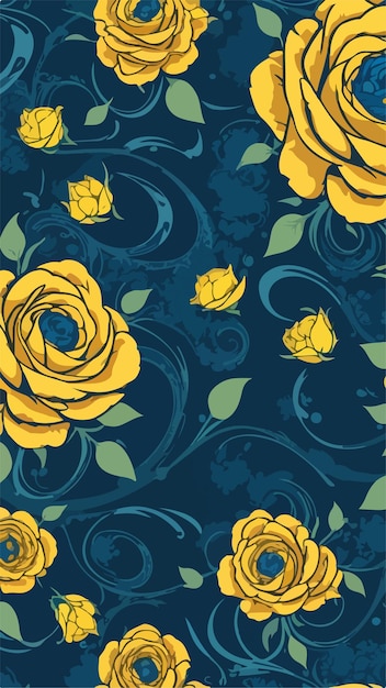 Navy and Yellow Floral Fusion Seamless Rose Vector Patterns