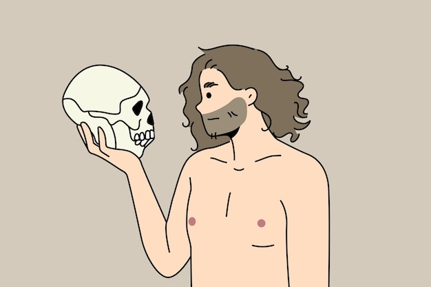 Vector neanderthal man with ancestor skull in hands