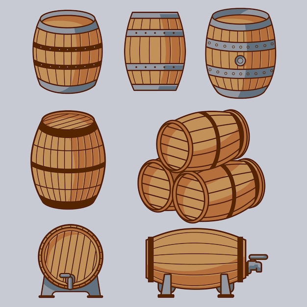 Premium Vector  Set of old wooden barrels in different positions