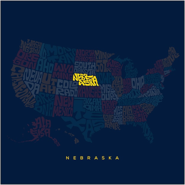 Nebraska map typography Us map typography with states name typography Nebraska lettering