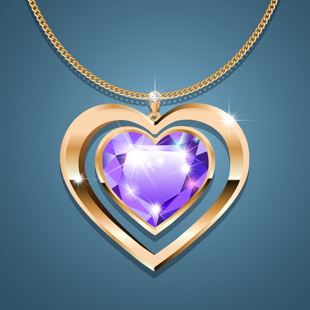 Vector necklace with a purple stone heart on a gold chain