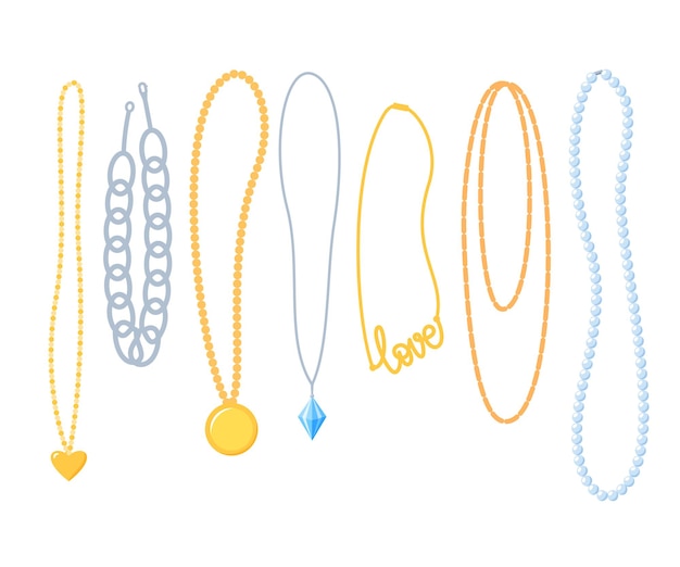 Necklaces chains beads collection pearl jewellery and bijouterie set neck accessories flat vector