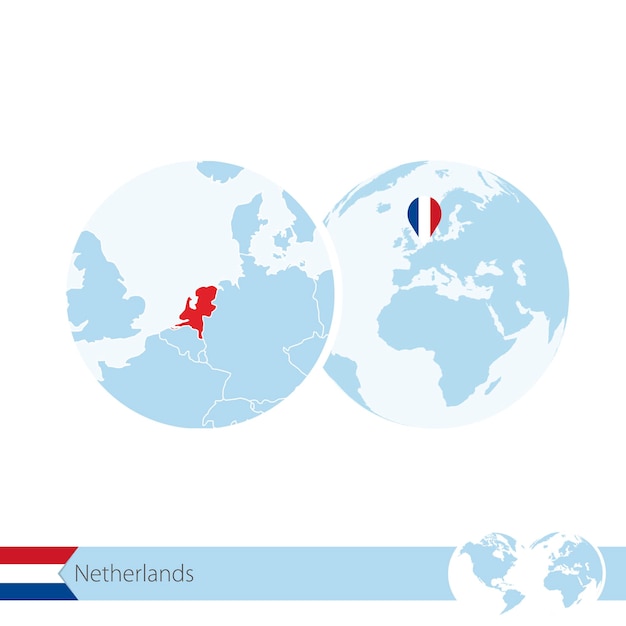 Nederland op wereldbol met vlag en regionale kaart van Nederland. Vectorillustratie.