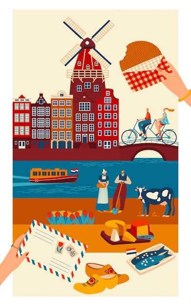 Vector nederland reizen briefkaart, belangrijkste symbolen van de nederlandse cultuur en bezienswaardigheden, illustratie