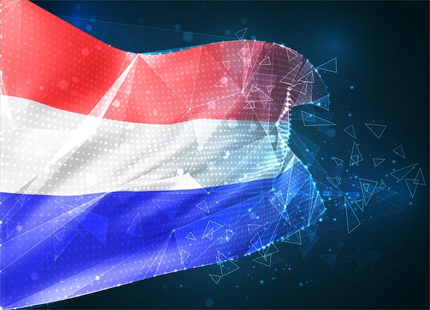 Nederland, vectorvlag, virtueel abstract 3D-object van driehoekige veelhoeken op een blauwe achtergrond