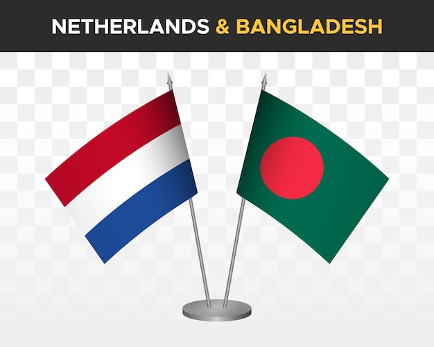 Nederland vs Bangladesh Bureau vlaggen mockup geïsoleerde 3d vector illustratie Nederlandse tafel vlag