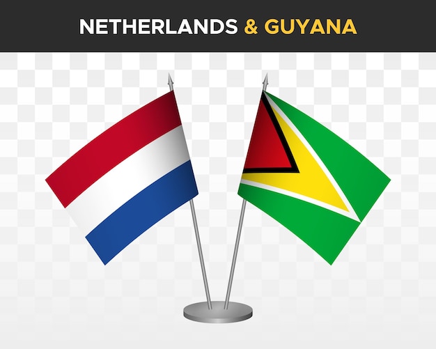 Nederland vs Guyana Bureau vlaggen mockup geïsoleerde 3d vector illustratie Nederlandse tafel vlag