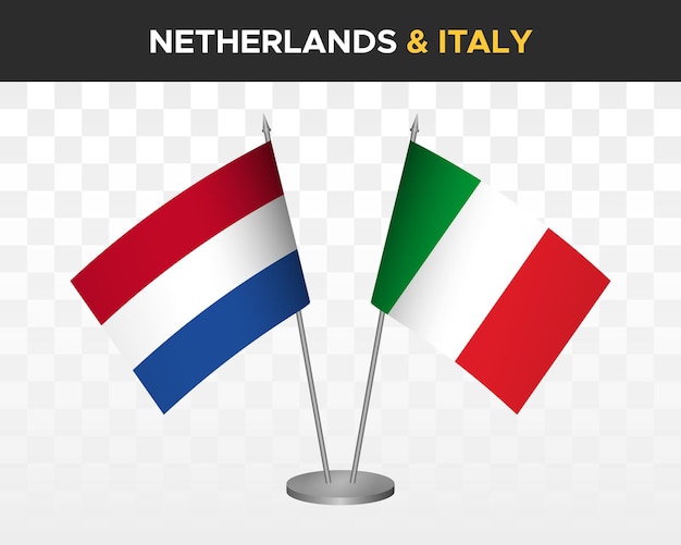 Nederland vs Italië Bureau vlaggen mockup geïsoleerde 3d vector illustratie Nederlandse tafel vlag