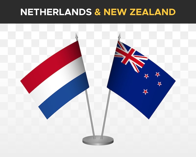 Nederland vs Nieuw-Zeeland Bureau vlaggen mockup geïsoleerde 3d vector illustratie Nederlandse tafel vlag