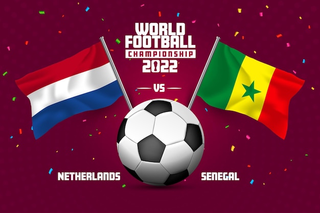 Nederland vs Senegal. wereldkampioenschap voetbal, FIFA wereldbeker. voetbal met vlaggen