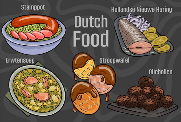 Nederlands eten Een set klassieke gerechten Cartoon hand getekende illustratie